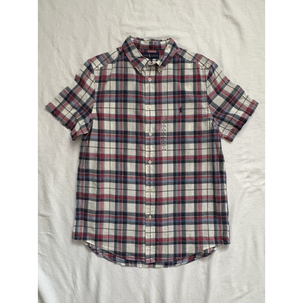 NEW Polo Ralph Lauren Boy's Button-Down Short Sleeve Shirt White Red Navy XLARGE